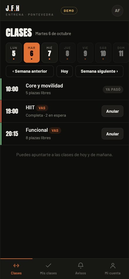 Pantalla donde un socio reserva su clase